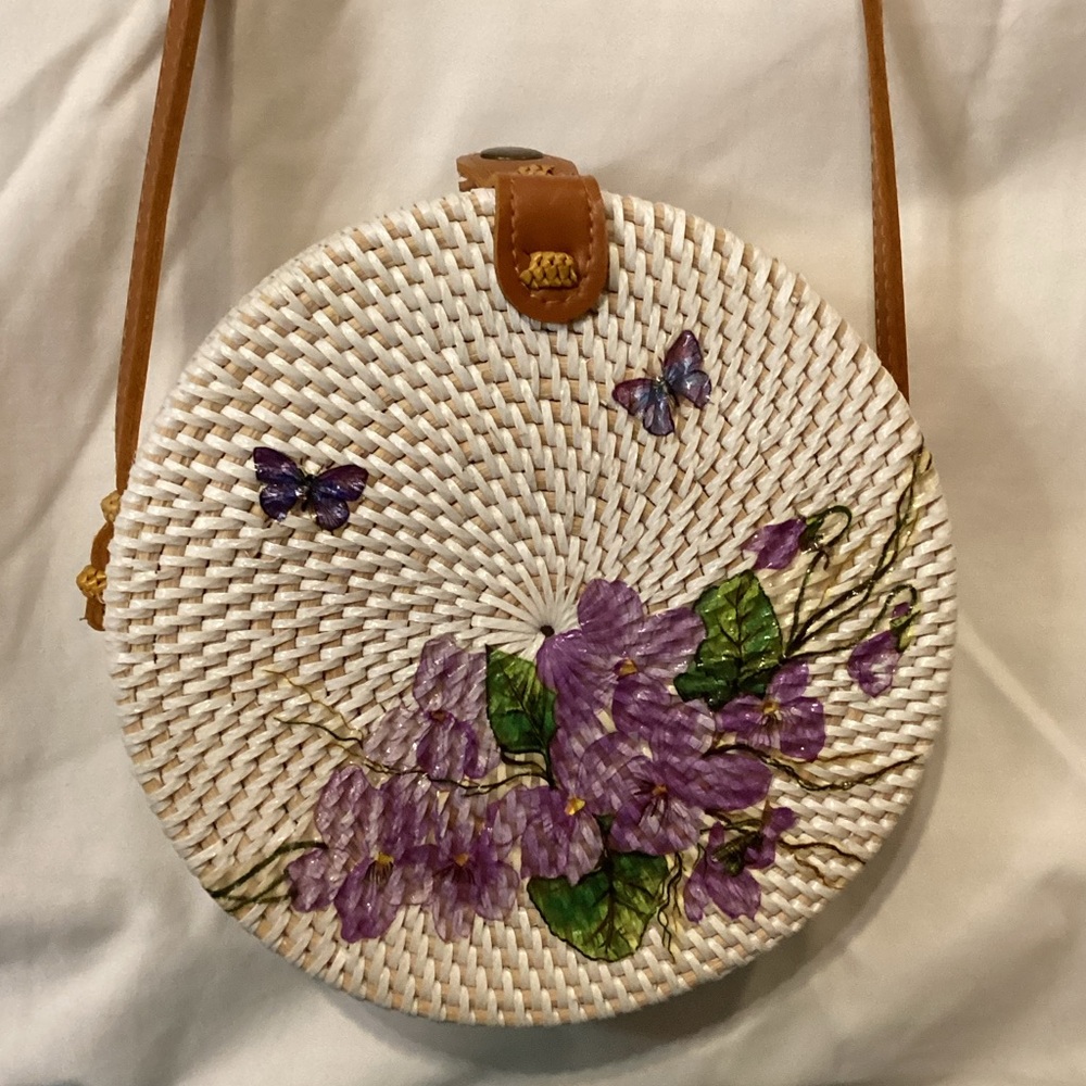 Round Rattan white Bali Bag with Lavender Floral and Butterfly Design